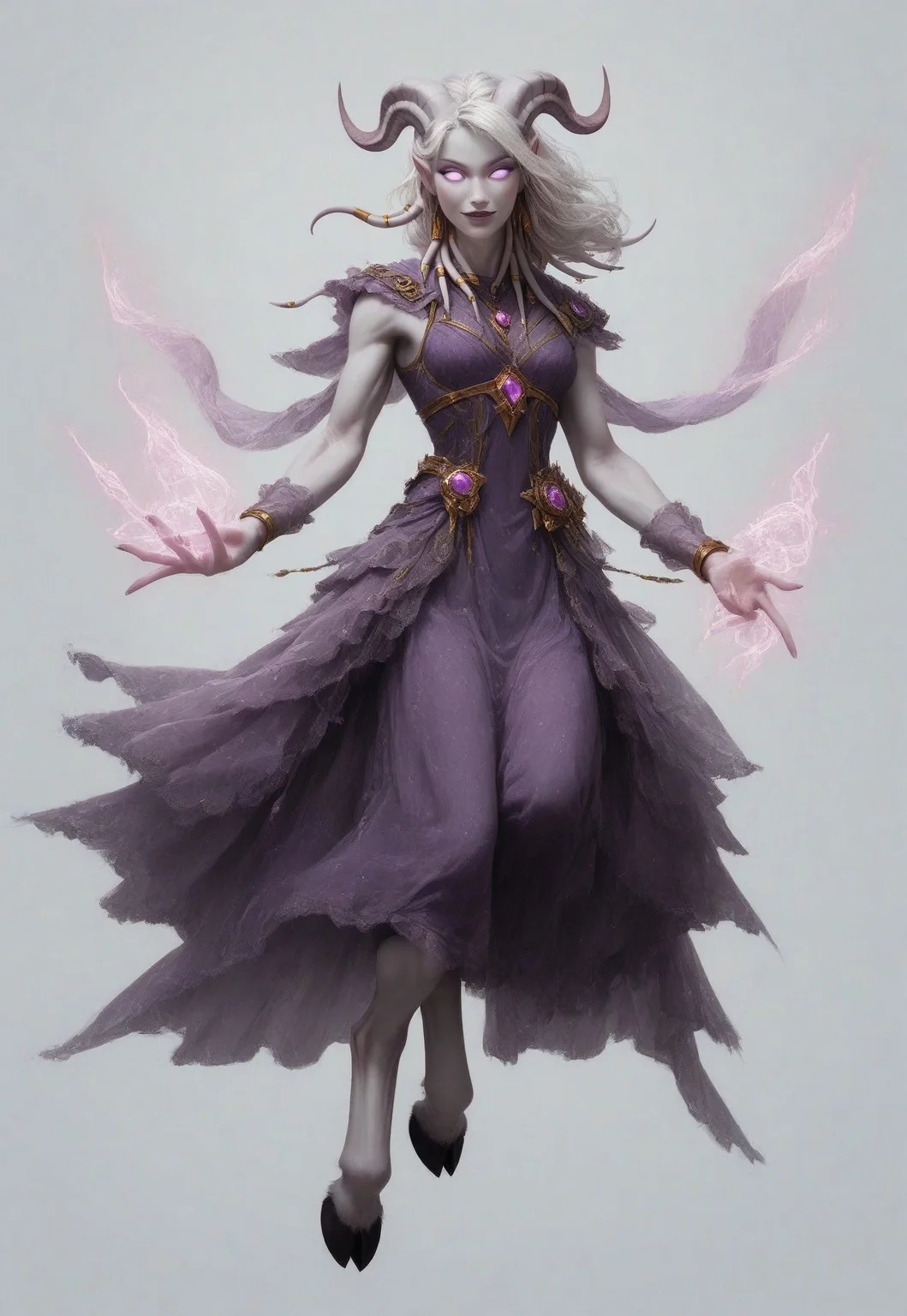 (absurdres, highres, best quality, masterpiece:1.4), 
score_9, score_8_up, score_7_up, score_6_up, 
detailed, 
detailed body, 
detailed face, 

(culDraenei, 
female, 
purple eyes, 
no sclera, 
no pupils, 
athletic, 
tall, 
slim, 
pale skin,
grey skin, 
long ears),

loose long purple dress,  
yellow pendant, 
sleeveless, 
magical spell, green aura, 

cheerful, 
(((full body))), 
posing, 
floating, 

(((white background, plain background))), 
(((no objects in background)))
