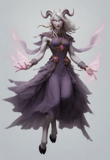 (absurdres, highres, best quality, masterpiece:1.4), 
score_9, score_8_up, score_7_up, score_6_up, 
detailed, 
detailed body, 
detailed face, 

(culDraenei, 
female, 
purple eyes, 
no sclera, 
no pupils, 
athletic, 
tall, 
slim, 
pale skin,
grey skin, 
long ears),

loose long purple dress,  
yellow pendant, 
sleeveless, 
magical spell, green aura, 

cheerful, 
(((full body))), 
posing, 
floating, 

(((white background, plain background))), 
(((no objects in background)))