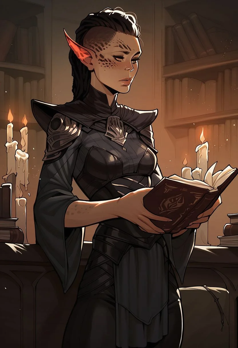 score_9, score_8_up,score_7_up, score_6_up, score_5_up, score_4_up,score_9, score_8_up, score_7_up,
1girl, gith, char_grakara, pointy ears, black hair, undercut dreadlocks, lips, small breasts, drow cloths, full body shot, <lora:IncaseLycoXL:0.95> seated, reading a book, looking at book, in a dimly lit library, candles,