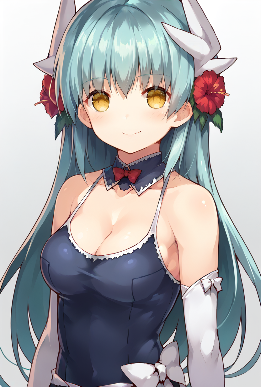 score_9,score_7_up <lora:kiyohime_(lancer)_XL_1:1>  bbkiyo, long hair, aqua hair, white horns, hair flower, yellow eyes, detached collar, cleavage, school swimsuit, blue one-piece swimsuit, elbow gloves, white gloves, sash, blush, smile,   <lora:messy_(efuya)-Style-PonyXL-Dora-000035:1>