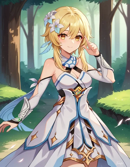 score_9, score_8_up, score_7_up, source_anime,
genshinlumine, <lora:genshin-lumine-ponyxl-lora-nochekaiser:1>,
lumine, bangs, blonde hair, hair ornament, hair between eyes, yellow eyes, flower, hair flower, feather hair ornament, smile,
dress, bare shoulders, detached sleeves, scarf, white dress, white footwear, cleavage, detached collar,
outdoors, nature, forest,
looking at viewer, dynamic pose,