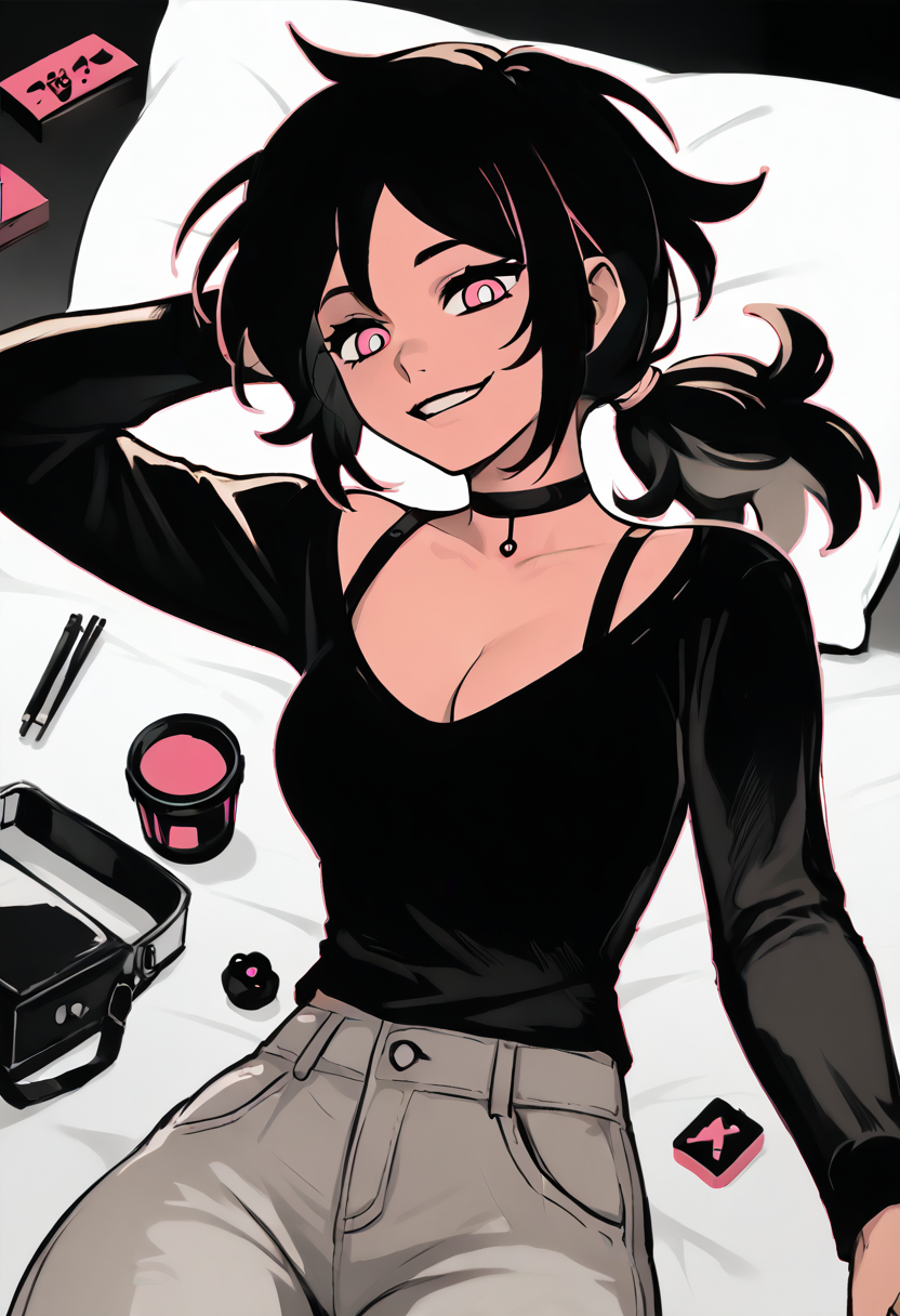 score_9, score_8_up, score_7_up, source_anime,   <lora:ashley4graves2pony-000004:0.9>, ashleygrav43es, 1girl, solo, breasts, cleavage, pants, smile, black hair, ponytail, pink eyes, choker, shirt, limited palette, lying, long sleeves,