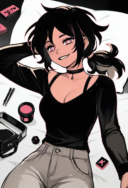 score_9, score_8_up, score_7_up, source_anime, <lora:ashley4graves2pony-000004:0.9>, ashleygrav43es, 1girl, solo, breasts, cleavage, pants, smile, black hair, ponytail, pink eyes, choker, shirt, limited palette, lying, long sleeves,