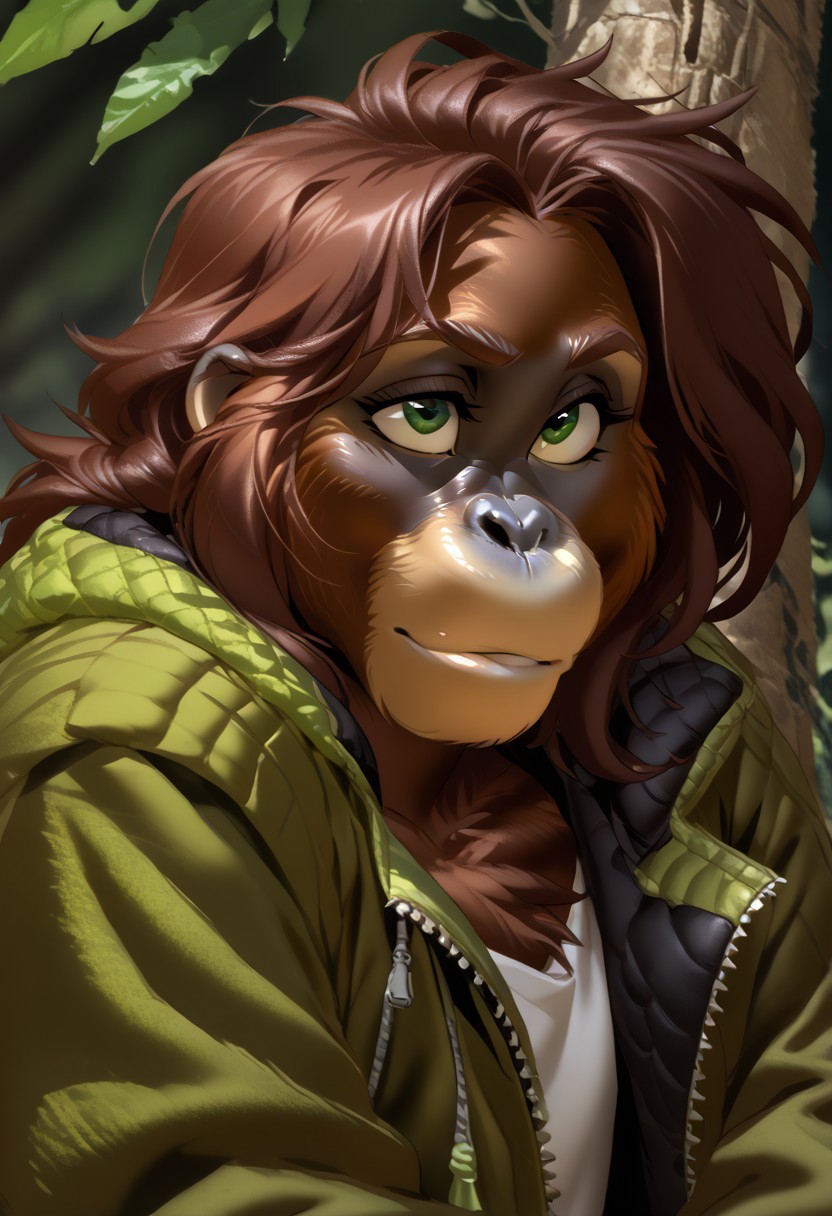 score_9, score_8_up, score_7_up, (by jailbird:1.5), (by kittydee:1.5), (by zummeng:1.5), masterpiece, best quality, (solo), 
 (Furry Art: orangutan:1.5), expressive eyes, feminine eyes, <lora:beautiful_detailed_eyes:1>, perfect face, feminine face, feminine body, ape, red fur, black skin, (brunette hair:1.5), (long hair), large breasts, (jacket:1.5), (t-shirt:1),