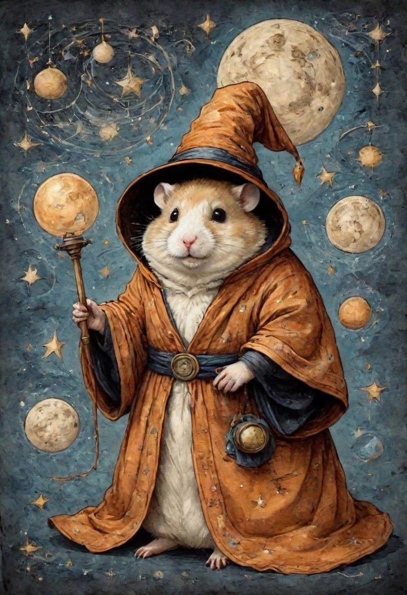 old book style ink illustration, on parchment, ink splashes, ink stains, ink smears, faded ink, chubby Dzungarian hamster in an adventurer's hat, ((Dressed in a robe embroidered with stars, engaged in astrology, astrological maps, telescope, mysticism)), view from below, atmospheric dreamscape painting, dream scenery art, highly detailed visionary art, cgi style, vibrant oil painting, splash art, Cozy mystery, masterpiece 8k wallpapper, neoplasticism, Unreal Engine, dramatic lighting, coat, pantless, linquivera, liiv1, on parchment
