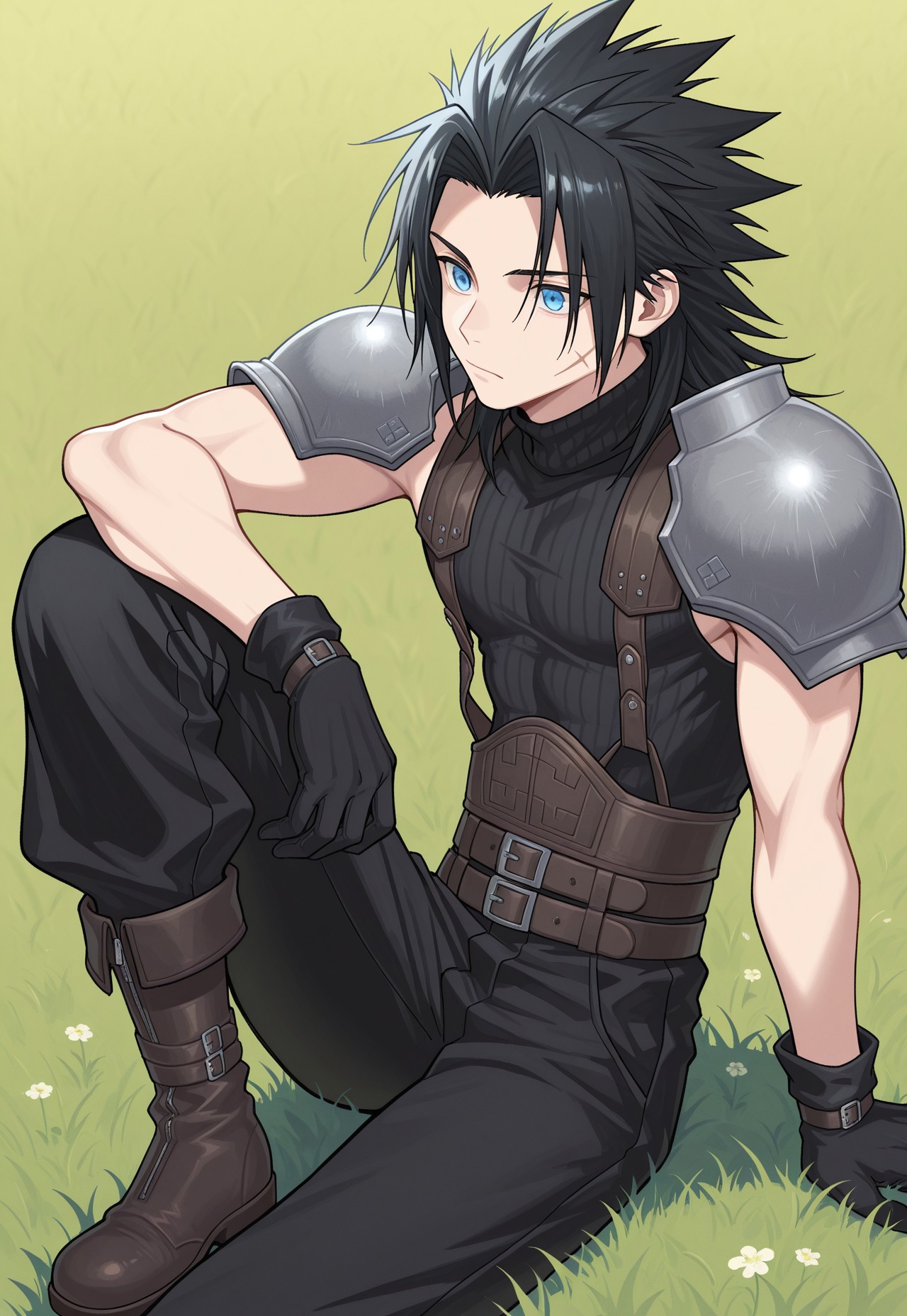 masterpiece,best quality,amazing quality, source_anime,

ZakkusuFea, 1boy, male focus, solo, blue eyes, black hair, spiked hair, medium hair, scar on cheek, shoulder armor, sleeveless turtleneck, gloves, black gloves, multiple belts, black pants, boots, sitting, on grass, knee up,
