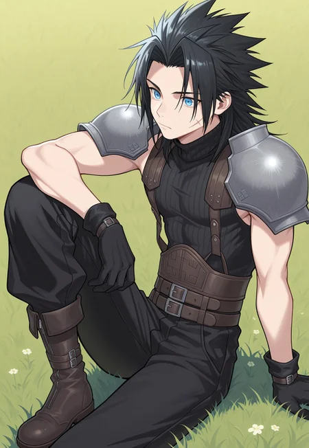 masterpiece,best quality,amazing quality, source_anime,
ZakkusuFea, 1boy, male focus, solo, blue eyes, black hair, spiked hair, medium hair, scar on cheek, shoulder armor, sleeveless turtleneck, gloves, black gloves, multiple belts, black pants, boots, sitting, on grass, knee up,