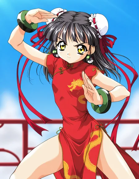 masterpiece, best quality, good quality, <lora:Kounyan_Spiral_NAMI_IS:1>Kounyan, black hair, long hair, double bun, hair bun, bun cover, yellow eyes, ribbon, earrings, flat chest, green jewelry, 2000s \(style\),anime coloring, short_stack,
1girl, solo, chinese clothes, china dress, red dress,
fighting stance, bracelet, short hair,
blue sky,