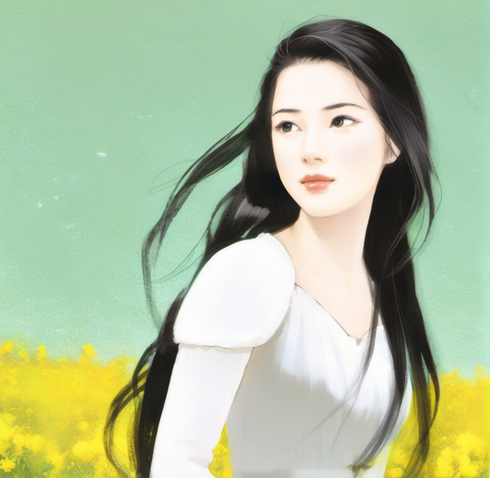 The image shows a woman with long black hair wearing a white dress standing in a field of yellow flowers against a green background. <lora:å°è¯´ç«ç»-000009:0.8>,