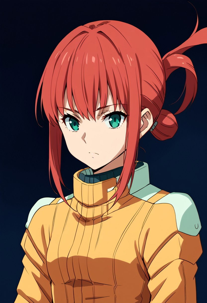 score_9, score_8_up, score_7_up, score_6_up, score_5_up, score_4_up, source_anime, zgundam pilotsuit, yellow pilotsuit, alma_CF, red hair, short hair with long locks, bangs, sidelocks, single hair bun, hair ornament, floating hair, ponytail, green eyes, small breasts