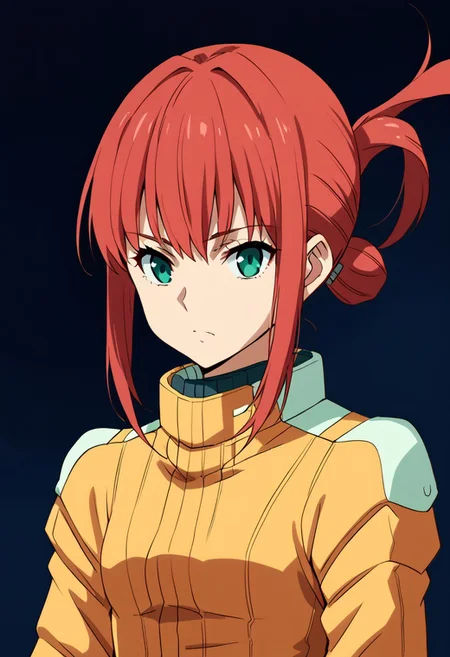score_9, score_8_up, score_7_up, score_6_up, score_5_up, score_4_up, source_anime, zgundam pilotsuit, yellow pilotsuit, alma_CF, red hair, short hair with long locks, bangs, sidelocks, single hair bun, hair ornament, floating hair, ponytail, green eyes, small breasts