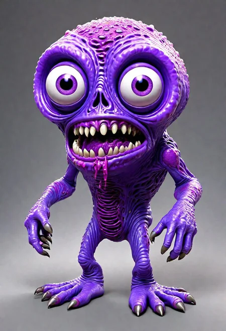 3d,art by pixar,cartoon, a fleshmutant slimey purple zombie, big eyes, goo