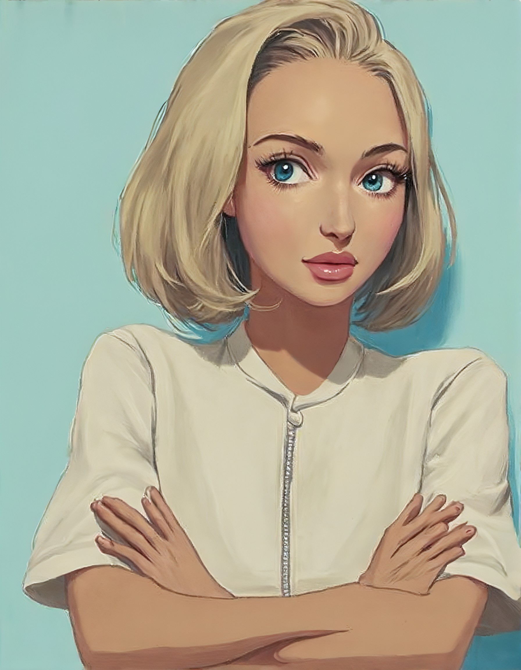 Full shot of a stylized female character.Â 
The woman has shoulder-length, light blonde hair styled in a classic bob.Â  Her skin is a light beige tone.Â  Her eyes are a light blue, and her expression is neutral, almost serious.
She's wearing a simple, off-white, sleeveless top or dress with a slightly mandarin-style collar.
Her arms are crossed over her chest.Â Her hands are visible, with light tan skin.Â 
The background is a muted teal-blue color, suggestive of a wall or sky.Â The lighting suggests a bright, natural light source, causing subtle highlights and shadows on the character's figure; the light creates a soft, almost sunlit effect.Â 
Overall, the style is illustrative, with smooth lines and soft gradients of color. The artwork suggests a vintage or retro aesthetic., <lora:FLUX-daubrez-DB4RZ-v2:1> DB4RZ, DB4RZ style painting