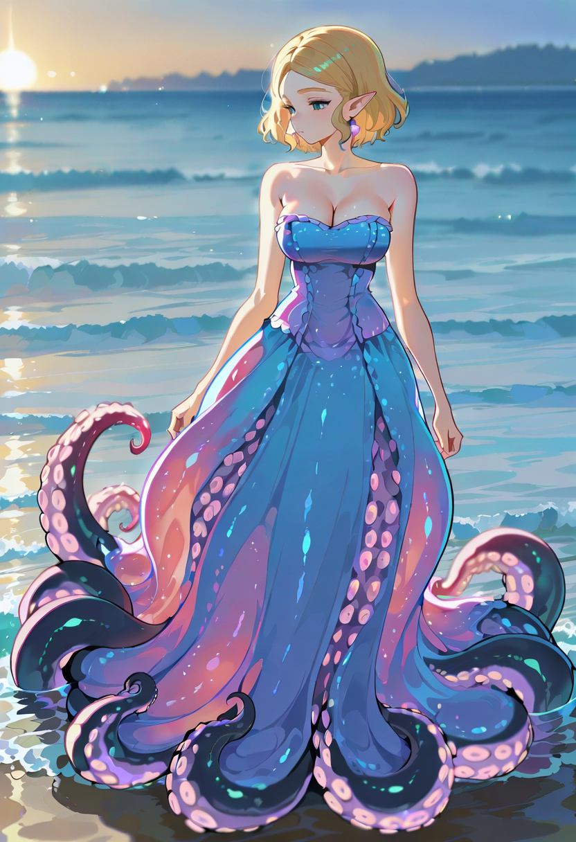 reia 76, 1girl, solo,tentacle dress, tentacles, scylla, ocean,outdoors, water, cleavage, suction cups, bare shoulders, strapless dress, princess_zelda swimming