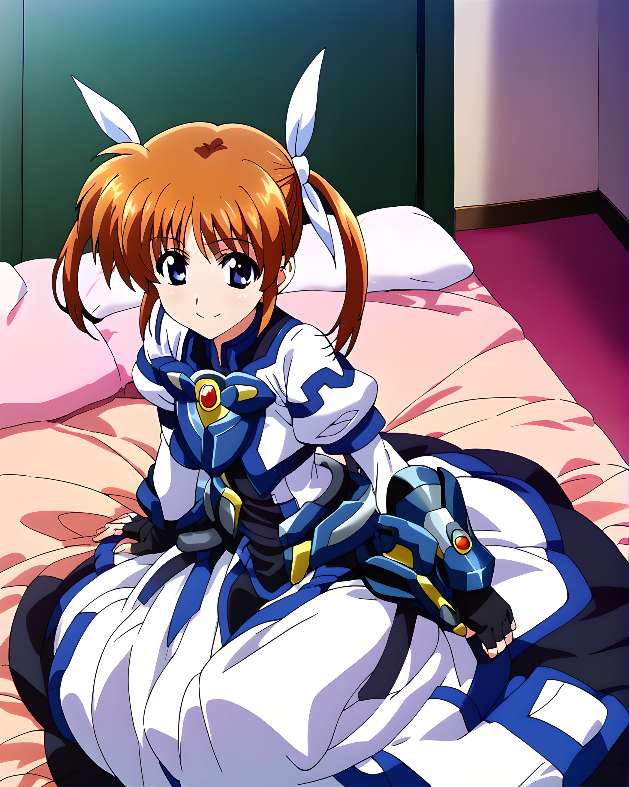 <lora:pony_xl_nanoha:0.8>,nanoha,score_9,score_8_up,score_7_up,source_anime,1girl,solo,armored dress,faulds,long dress,long sleeves,puffy sleeves,white long skirt,black gloves,fingerless gloves,upper_body,smile,bedroom,sitting_on_bed,