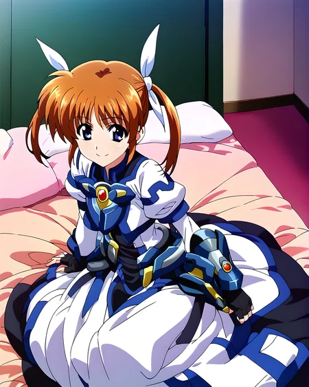 <lora:pony_xl_nanoha:0.8>,nanoha,score_9,score_8_up,score_7_up,source_anime,1girl,solo,armored dress,faulds,long dress,long sleeves,puffy sleeves,white long skirt,black gloves,fingerless gloves,upper_body,smile,bedroom,sitting_on_bed,