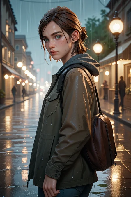 score_9, score_8_up, score_7_up, score_6_up
<lora:TLOU2Ellie:0.8>
TLOU2Ellie, 1girl, brown hair, green eyes, looking at viewer, standing under a streetlamp in the rain, reflections on wet pavement, city lights blurred in the background, cinematic and dramatic feel