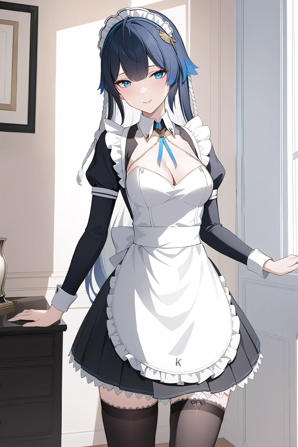 (best quality), ((masterpiece)), (highres),(extremely detailed CG unity 8k wallpaper), 1girl solo with cute face, katya, (maid), standing in bedroom, long hair, blue eyes, thighhighs, seductive smile, <lora:katya:0.85>