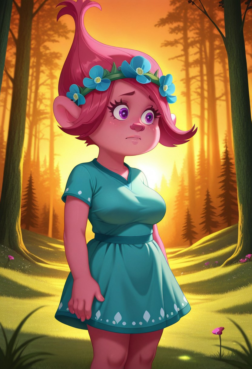 solo, Poppy, pink hair, purple eyes, head wreath, pink skin, teal and light blue dress, short sleeves, tall, adult female, mature female, large breasts, standing, close up, outdoors, sunlight, shadows, evening lighting, natural lighting, forest, trees, grass, orange sky, sunset