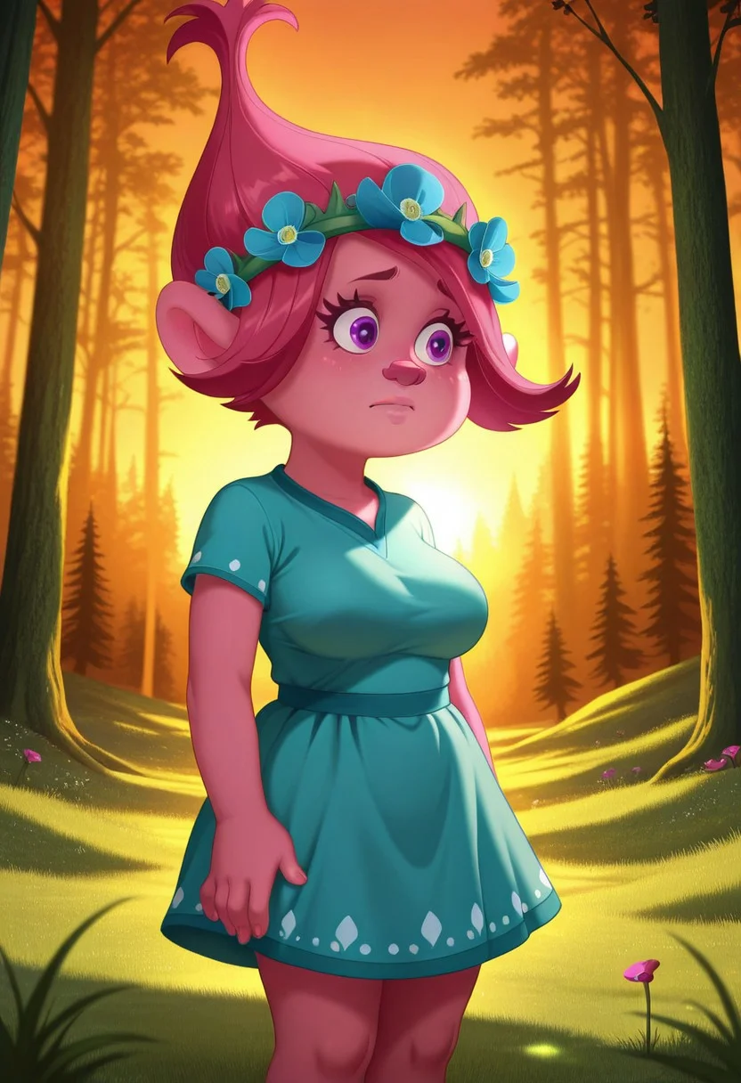 solo, Poppy, pink hair, purple eyes, head wreath, pink skin, teal and light blue dress, short sleeves, tall, adult female, mature female, large breasts, standing, close up, outdoors, sunlight, shadows, evening lighting, natural lighting, forest, trees, grass, orange sky, sunset