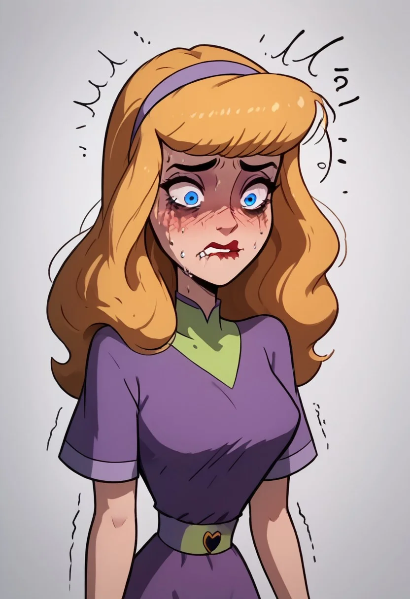 score_9, score_8_up, score_7_up, score_6_up, score_5_up,daphne, daphne blake,1girl, jungle, extra mini tight 
ragged leopard print tube tob,extra mini tight 
ragged  leopart print sash,solo, middle breasts, seeing stars, dizzy eyes,confused, sny, blue eyes, orange long hair, one eye higher than another, twisted mouth, messed hair, messy hair, destroyed face, destroyed body, awful skin face,  long hair, makeup, lipstick, young, skinny, narrow waist, fragile, sexy, perfect body,dynamic pose, posing,  wounds, hit herself,  selfharm, self harm, wounds on face, wounds on body, extreme amount of wounds, wounds everywhere, tired, tired af, extremely tired, tired eyes, huge amount of tireness, absolutely tired, wants to die, almost die, eternally tired, pain, feeling pain, feeling strong pain, powerless, extremely tired eyes, bags under eyes, shiners, stupid, dumb, extremely stupid, extremely dumb, no brain, brain damage, stupid blonde, extremely stupid blonde,  blue eyes, eye twitching, nervous eye twitching, extremely hard eye twitching, totally burnt hair, sexy, horny, scared, in love, extremely dirty dress, hardly beaten fifty times, confused, deeply humiliated face, depressed face