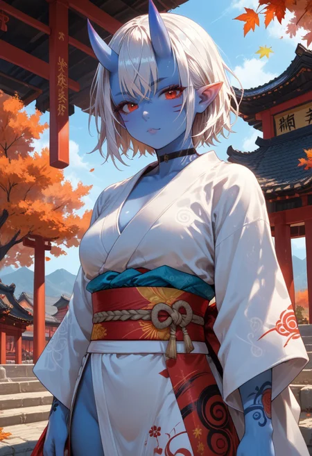 score_9, score_8_up, score_7_up, detailed background, dynamic angle, volumetric lighting, godrays,perfection,perfect, 1girl, 25 years old, perfect face, cute, petite, red eyes, white hair, short hair, messy hair, crossed bangs, hair between eye, pointy ears, black choker, (blue skin:1.2), (oni:1.2), blue oni, facial tattoo, kimono, tattoos, Japanese architecture, temple, autumn, cowboy shot, source_cartoon, rating_questionable,<lora:add-detail-xl:2>,<lora:hand 4:0.7>,<lora:curvature slider_last:8>,<lora:xl_more_art-full_v1:0.9>,<lora:Fant5yP0ny:0.8>,<lora:detailed_notrigger:1>,<lora:SimplePositive_XL_v1_test_AutoRunMech:2>