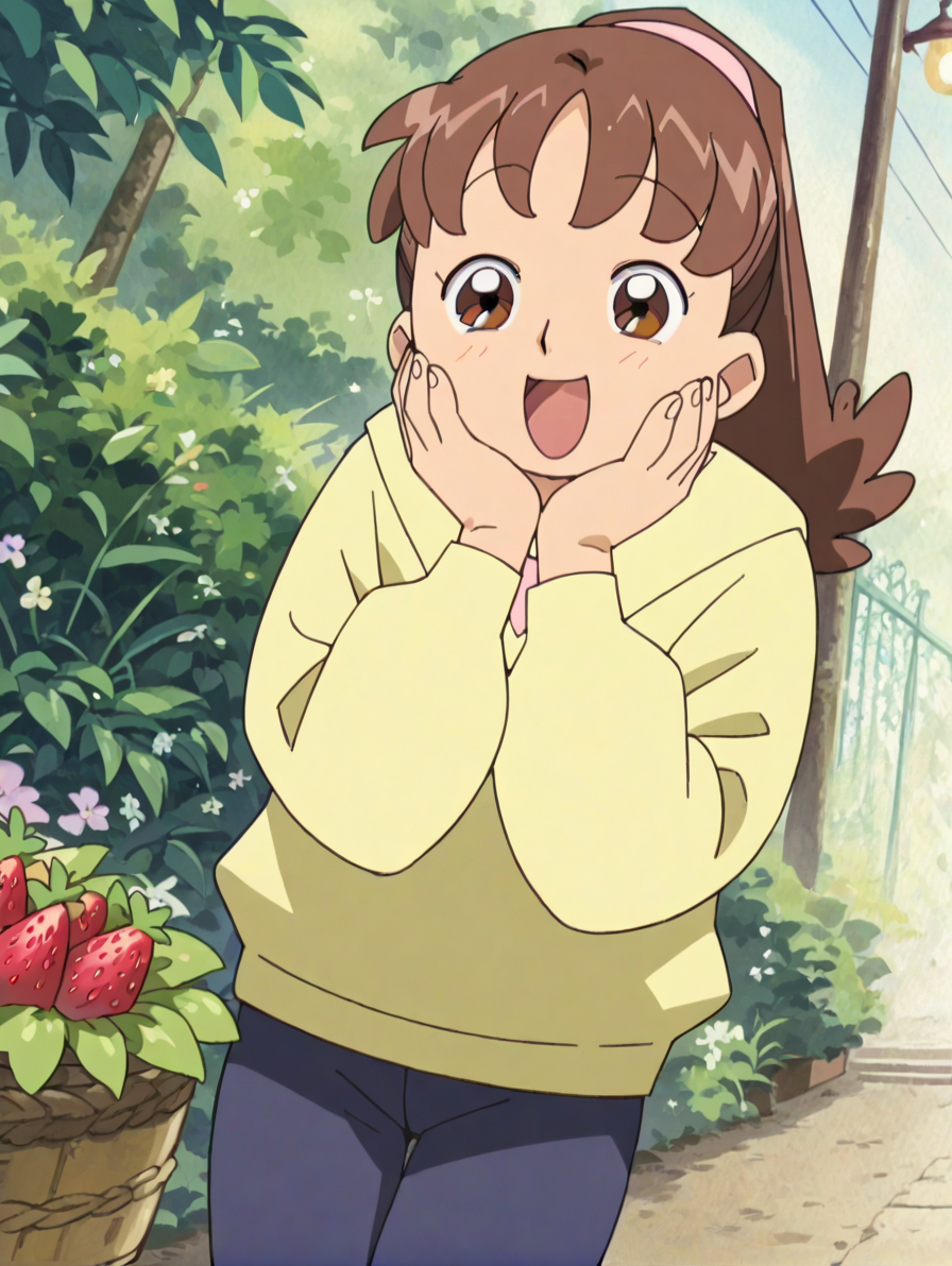score_9, score_8_up, score_7_up, score_6_up, score_5_up, score_4_up,source_anime,anime screencap,uncensored,1990s,1girl,glistening body,shiny_skin,dewy skin,BREAK
 <lora:nishizawa_v1:1> nishizawat, brown hair, long hair, ponytail, hairband,yellow hoodie, long sleeves, hands on own cheeks,open mouth, strawberry,happy,outside,