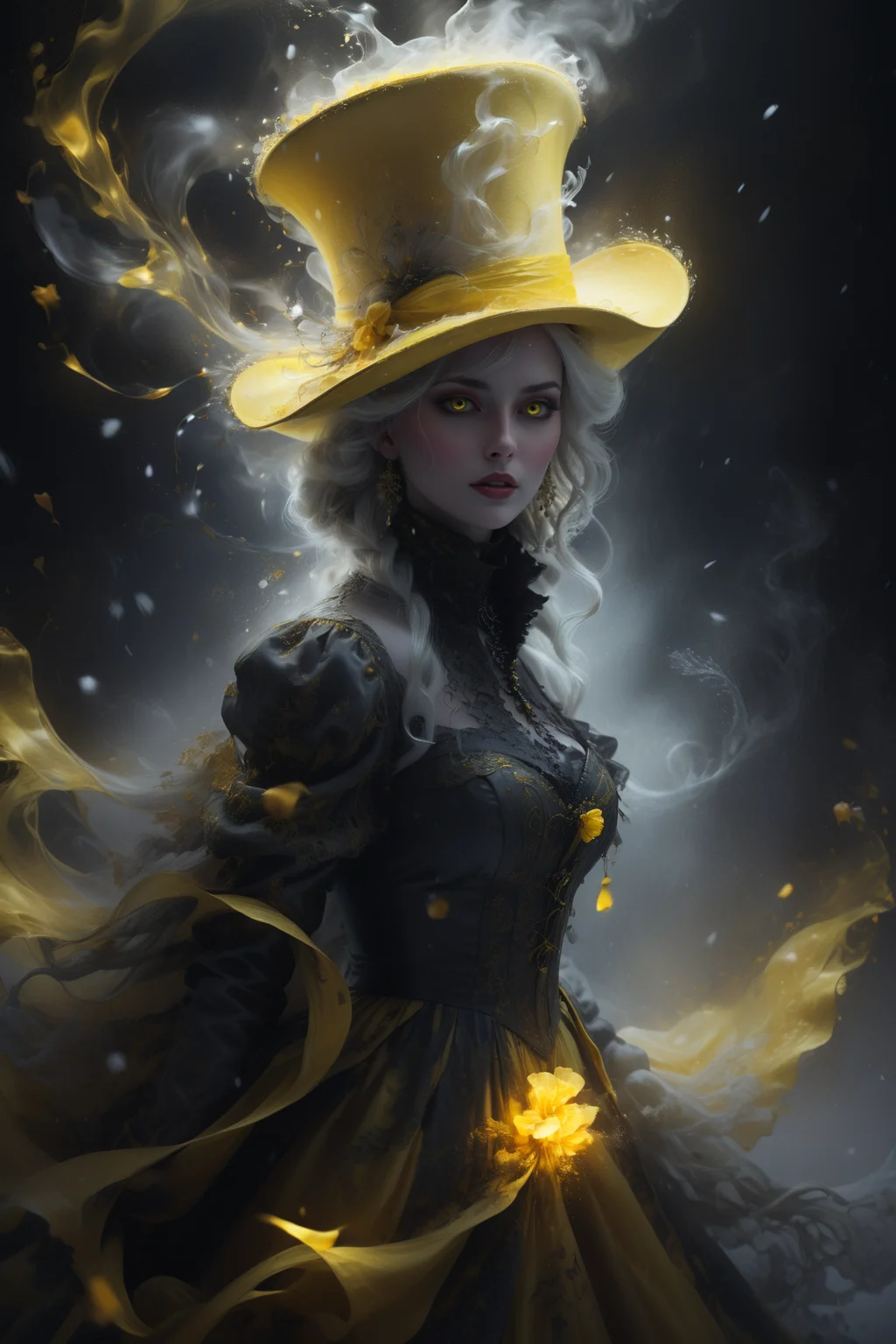 an (extremely detailed masterpiece) (3/4 body shot) of one snow girl with her billowing (yellow flowing dress:1.2) and a (large (bright yellow) top hat:1.5) with her realistic extremely long flowing white hair, (realism), (highly detailed glowing eyes:1.2), (Style-GravityMagic:1.1), (twisting swirls of snow), (falling snow), (snowflakes:1.2), (windy), (snow person), (skin as pale as snow), (moody color tones), (elaborate textures:1.2), (volumetric lighting), shallow depth of field, oil painting, (8k UHD, highest quality), <lora:add-detail-xl:0.8>, <lora:xl_more_art-full_v1:0.8>, <lora:DreamARTSDXL:0.9>, (<lora:ExplosionMagic:0.8> explosionmagic, excessive energy, smoke, glowing aura)