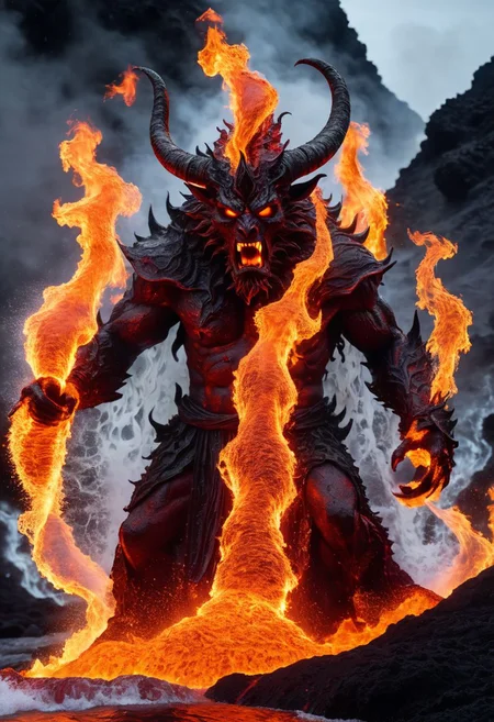 ferrous fire breathing, ghoulish, ghastly horned elemental in a hellish fiery lava filled environment. decimating everything in rage all around it while in the foreground A single wizard figure is using magic sand water spells to manipulate water to extinguish fires and battle the beast. detailed, 4k, sharp, 200mm lens, OverallDetailXL