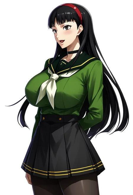 score_9,score_8_up,score_7_up,source_anime,5_figner,2d_animation,game cg,BREKE,
yukiko amagi,long hair, black hair, hairband, black eyes,1girl,solo,
gosya school uniform,
long sleeves,pleated skirt,black pantyhose,shoes,green shirt,choker,serafuku,white  neckerchief,
gigantic breasts,thick hips,thick thighs,thick waist,disproportionate breasts,huge areolae,
covered erectile nipples,covered the breast,curves,glamour,blush,smile,cowboy shot,open mouth,red hairband,arms behind back,from side,
simple background,white background,
masterpiece,best qualit,ultra-detailed,illustration,an extremely delicate and beautiful,beautiful detailed eyes,unity 8k wallpaper,high resolution,anime CG,official_art,