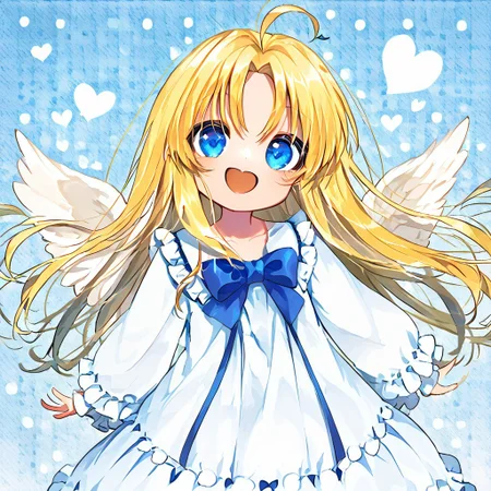 score_9, score_8_up, score_8, score_7_up, 
1girl, solo, AEFilo, blue eyes, blonde hair, ahoge, long hair, white wings, blue bowtie, white dress, frilled dress, frilled sleeves, long sleeves, barefoot, polka dots background, smile, open mouth, close shot, cute girl, looking at viewer,
cute, kawaii, hearts,