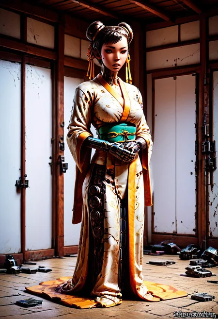 1 girl, detailed, 1girl, chun-li, kimono, covered, exploring, evi@decrepPunk, Hand, detailed, perfect, perfection, hands, 4ng3l face, robot, robotic girl,