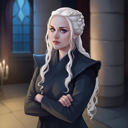 score_9_up, BREAK, DAENERYS, 1girl, solo, white hair, long hair, blue eyes, black dress, upper body, crossed arms, indoors, castle, looking at viewer, <lora:DaenerysTargaryen_PXL_Leaf1:1> , depth of field, night, moonlight, realistic,