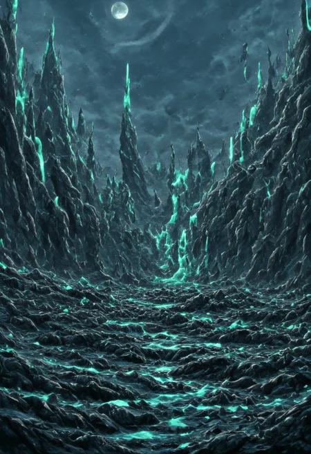 A beautiful landscape at night on an alien world, dramatic lighting, large moon in the sky, jade rocks, waterfalls, deep crevices, uhd, ultra-detailed, photography, f/8 photo, monoprone, nmskyrim