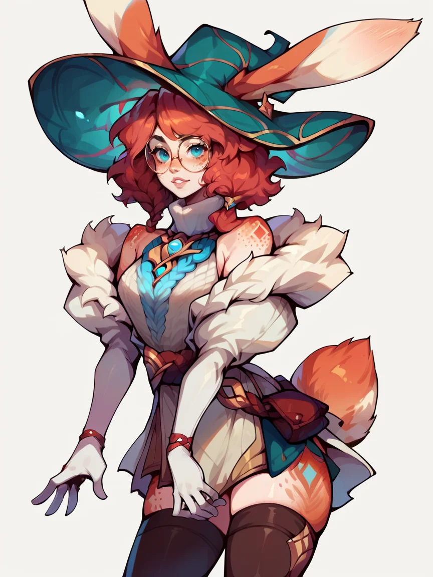 score_9, score_8_up, score_7_up, score_6_up, score_5_up, <lora:AuroraLOLXLP:1> auroralol, 1girl, solo, rabbit ears, round eyewear, blue eyes, freckles, hat, gloves, tail, thighhighs, red hair,