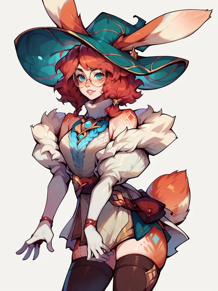score_9, score_8_up, score_7_up, score_6_up, score_5_up, <lora:AuroraLOLXLP:1> auroralol, 1girl, solo, rabbit ears, round eyewear, blue eyes, freckles, hat, gloves, tail, thighhighs, red hair,