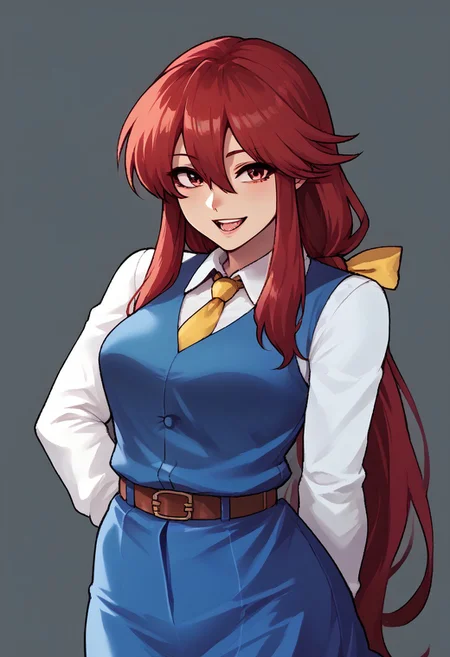 score_9, score_7_up, source_anime, source_cartoon, source_explicit, BREAK, colorful, aesthetic, illustration, kotohime (touhou), long hair, red hair, red eyebrows, hair between eyes, bangs, sidelocks, low-tied long hair, tied hair, low ponytail, hair ribbon, yellow ribbon, red eyes, breasts, white shirt, collared shirt, long sleeves, yellow necktie, blue vest, brown belt, blue skirt, hands behind back, open mouth, smile, teeth, simple background, looking at viewer, facing viewer, standing in front of viewer, standing