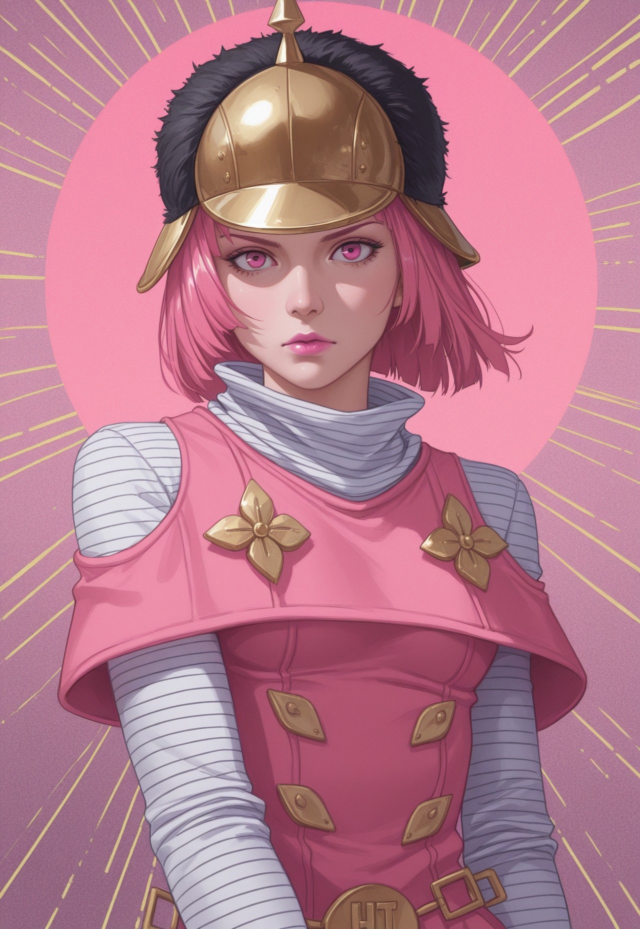realistic, watercolor paint style,  anime, masterpiece, best quality, detailed background, 8k, 1girl, solo, hot pants, pink hair, short hair, pink lipstick, pink eyes, gold helmet, black fur cap, white striped shirt, long-sleeve shirt, baggy turtleneck, pink dress, layered dress, gold accessories, abstract background, face focus, close-up, half body, staring at viewer, dramatic pose,