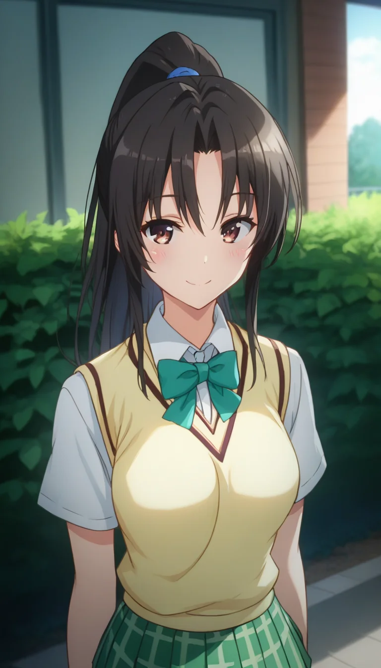 score_9,score_8_up,score_7_up,score_6_up BREAK official art,solo,outdoors,upper body,(portrait:1.5),looking at viewer,facing viewer,smile,blush,Kujo Rin,long hair,black hair,high ponytail,hair between eyes,parted bangs,brown eyes,school uniform,sweater vest,yellow vest,white shirt,collared shirt,green bowtie,short sleeves,medium breasts,miniskirt,green skirt,plaid skirt,pleated skirt,black socks,loafers,<lora:Kujo Rin(tlr)-Pony:1.6>,