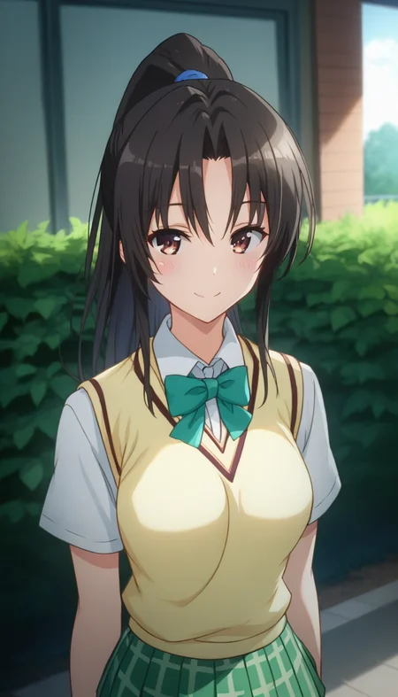 score_9,score_8_up,score_7_up,score_6_up BREAK official art,solo,outdoors,upper body,(portrait:1.5),looking at viewer,facing viewer,smile,blush,Kujo Rin,long hair,black hair,high ponytail,hair between eyes,parted bangs,brown eyes,school uniform,sweater vest,yellow vest,white shirt,collared shirt,green bowtie,short sleeves,medium breasts,miniskirt,green skirt,plaid skirt,pleated skirt,black socks,loafers,<lora:Kujo Rin(tlr)-Pony:1.6>,