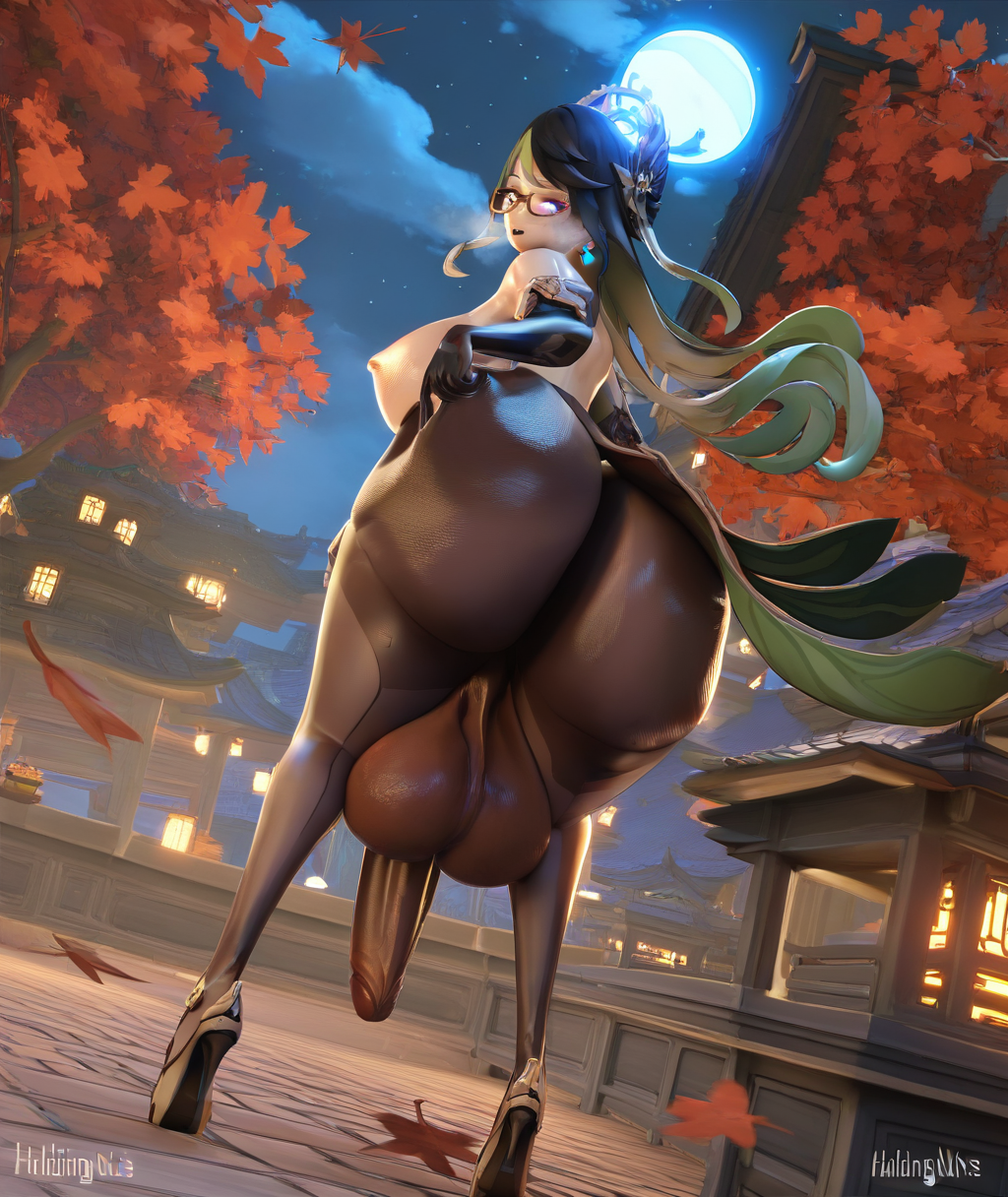 score_9, score_8_up. score_7_up, <lora:holdingnuts:1> holdingnuts, 3d, score_9, holdingnuts, 3d, 1girl, glasses, long hair, ass, black hair, taur, xianyun (genshin impact), two-tone hair, futanari, large breasts, multicolored hair, hair ornament, elbow gloves, looking back, looking at viewer, night, outdoors, centaur, leaf, autumn leaves, east asian architecture, falling leaves, full moon, sky, tree, pantyhose, green hair, colored inner hair, high heels, open mouth, from behind, full body