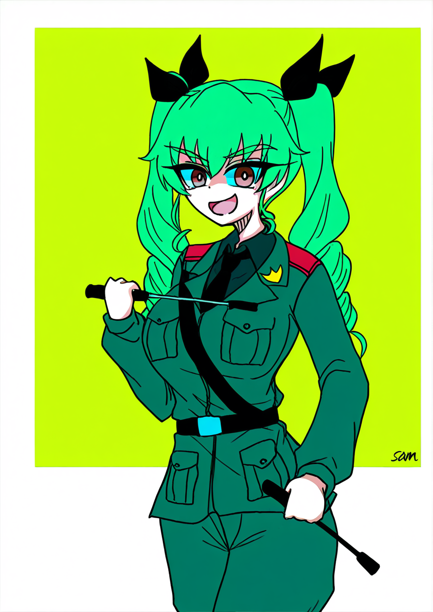 <lora:Tokigui:1.2>,1girl, anchovy (girls und panzer), huge breasts, anzio military uniform, belt, black belt, black necktie, black ribbon, black shirt, brown eyes, dress shirt, drill hair, green hair, grey jacket, grey pants, hair ribbon, jacket, long hair, long sleeves, looking at viewer, military, military uniform, necktie, open mouth, pants, ribbon, riding crop, sam browne belt, shirt, signature, smile, smirk, solo, standing, twin drills, twintails, uniform, wing collar,