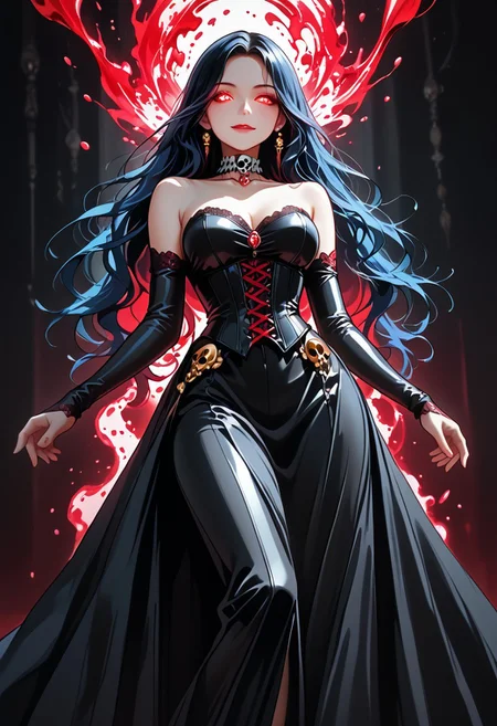 Core 9, Score 8, Score 7, Anime Origin, Intricate Details, Detailed Backgrounds, Masterpiece, High Quality, Perfect Hands, Best Quality, Black Hair, Multi-Colored Hair, Blue Hair, Golden Eyes, Shadowy Gaze, Side Smile, Very Long Hair, Side Bangs, Straight Hair, Thigh-Length Hair, Medium to Large Breasts, Narrow Waist, Perfect Face, Detailed Face, Jeweled Choker, Elbow-Length Gloves, Wide Thighs, Black Stockings, Long Stockings, Dark Clothing, Black Clothing, Jewelry, Elegant Victorian Background, Elegant Background, Looking From Below, Haughty Gaze, In the Shadows, Black Aura, Loose Hair, Bare Shoulders, Corset, Cocktail Dress, Bodycon Dress, High Neckline, Masterpiece, High Quality, Multi-Colored Background, Hands Up: 1.5, <lora:Aanimate_Dead-magic_-ILXL:0.8> animate_dead, Skull Aura: 1.4, Lying Down, Full Body, Dutch Angle, blood, blood drops, glowing eyes, (Element) control, Blomagmb, blood magic, blood, bloodstream, jewels, rubies, skull background.