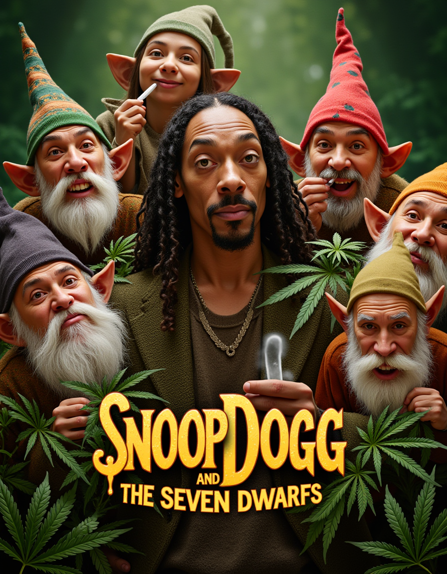 movie poster, snoop dogg surrounded by midgets cosplaying as dwarves, the title of the movie is "SNOOP DOGG and the seven dwarfs", lots of hemp leaves, weed, smoking joints, red eyes