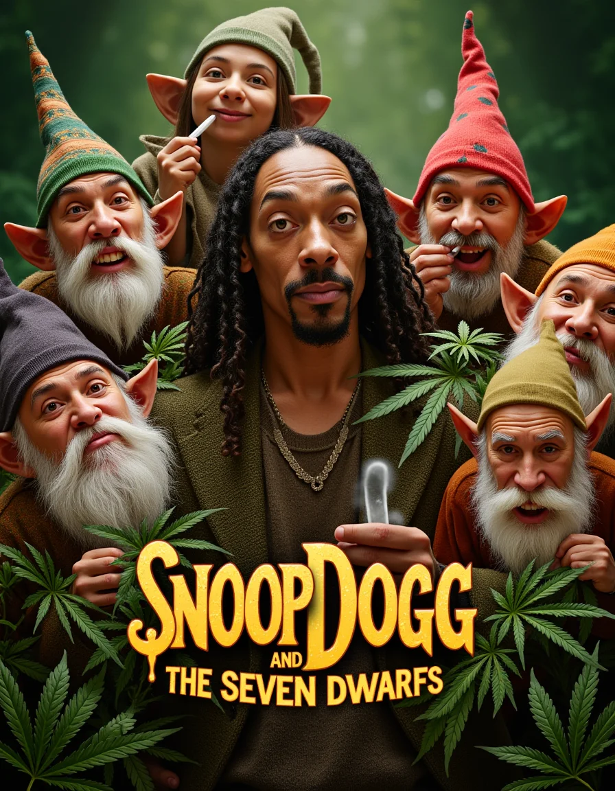 movie poster, snoop dogg surrounded by midgets cosplaying as dwarves, the title of the movie is "SNOOP DOGG and the seven dwarfs", lots of hemp leaves, weed, smoking joints, red eyes