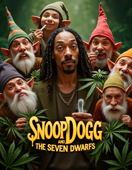 movie poster, snoop dogg surrounded by midgets cosplaying as dwarves, the title of the movie is "SNOOP DOGG and the seven dwarfs", lots of hemp leaves, weed, smoking joints, red eyes
