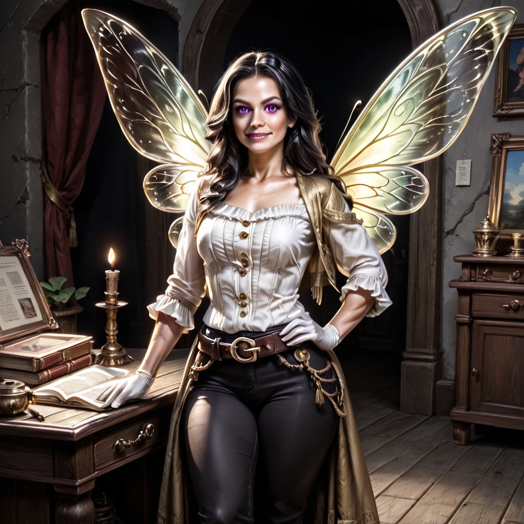 Action scene, Photo realistic, hyper realistic, score_9, rating_safe, solo (arch fey woman, (beautiful detailed face), (violet eyes), (bronze metallic gold skin ral-polishedsteel), (pirate, white blouse, black pants, gloves), (fairy wings), (long black hair), ((thick thighs | large muscles)), (sword belt)), standing next to a throne, in a detailed throne room, hi res, hi quality, 4k, realism