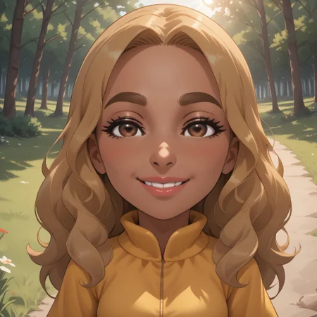 score_9, score_8, BREAK, solo, wii, mii, wii sports, female mii, 1girl, blonde hair, brown eyebrows, brown eyes, black eyeshadow, blush, lips, teeth, dark skin, yellow clothing, white pants, shoes, nintendo mii, modern_mii, classic_mii, breasts, Sara_(Wii_Sports), cute, mature female, sexy pose, smile, outdoors, sunlight, shadows, evening lighting, natural lighting, forest, trees, grass, orange sky, sunset