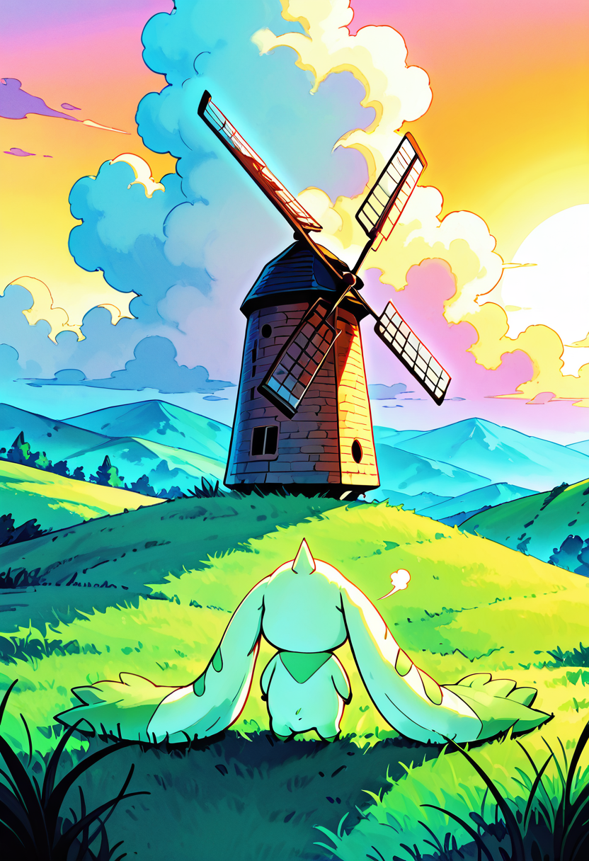masterpiece, best quality, no humans,     zzTerriermon, hill, tall grass, windmill, sunset, glowing clouds, ears blowing in wind, peaceful expression, back view, scenic zzTerriermon sits atop a grassy hill, watching the old windmill turn slowly in the golden light of a setting sun. His long ears flutter gently as the wind whispers across the land, and the world feels quiet â as if holding its breath in the beauty of the moment.       ,<lora:TerriermonDigimon_IXL:1.0>,