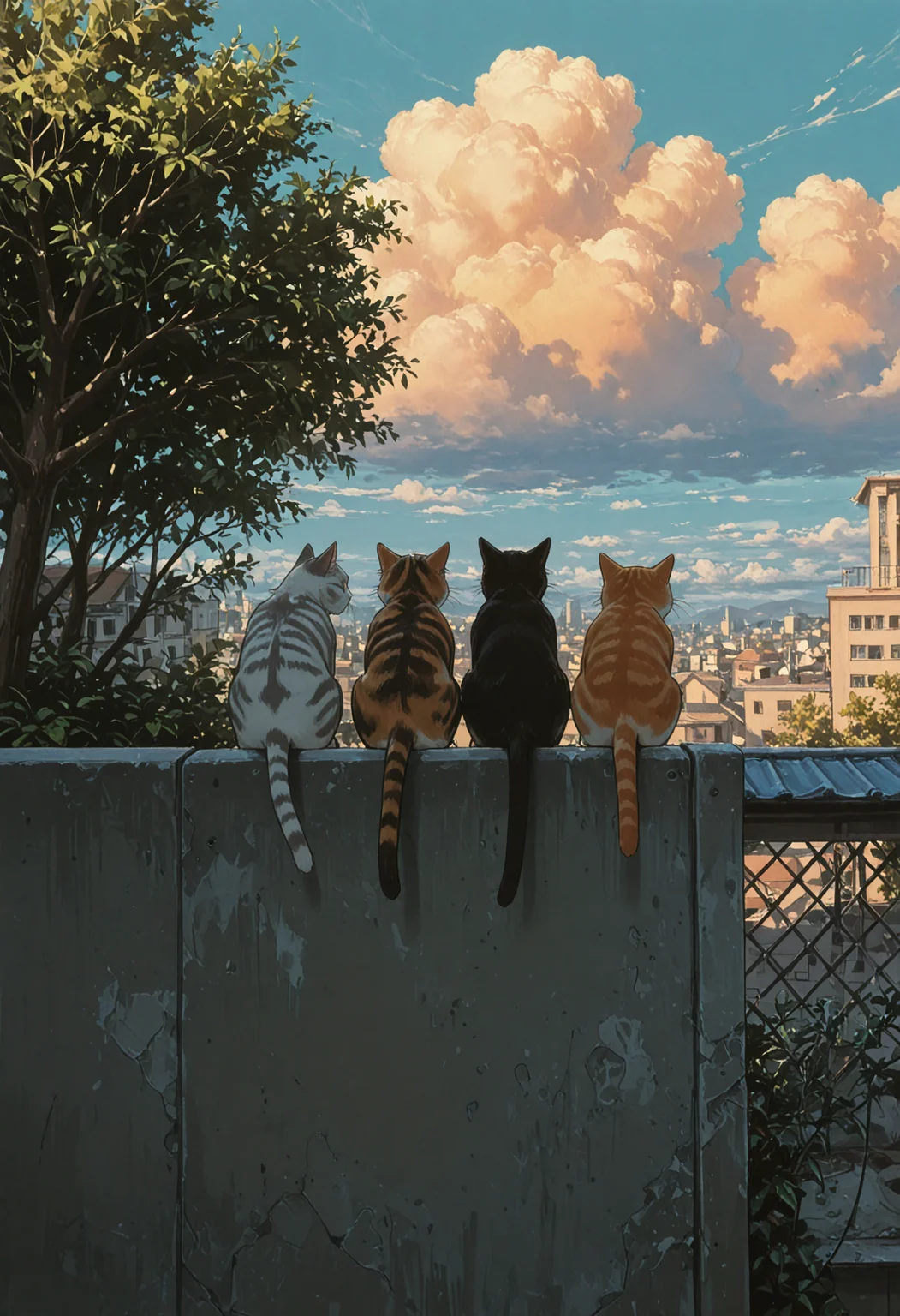 multiple cats, domestic cat, four cats, orange tabby cat, calico cat, black tabby cat, white tabby cat, striped kitten,
on rooftop, sitting in a row, back view, tail hanging down, tail down,
sunny day, soft shadows, warm lighting, vibrant colors, slice of life, serene_mood,
bluesky, white clouds, urban rooftop, concrete wall, plants in foreground, tree, open air, peaceful afternoon,   
masterpiece, amazing quality, best quality, scenery, painterly, anime coloring